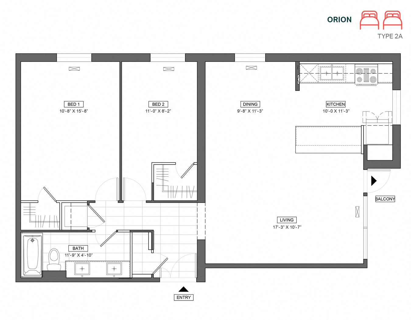 Floor plan for 2 beds, 1 bath, 891 sqft